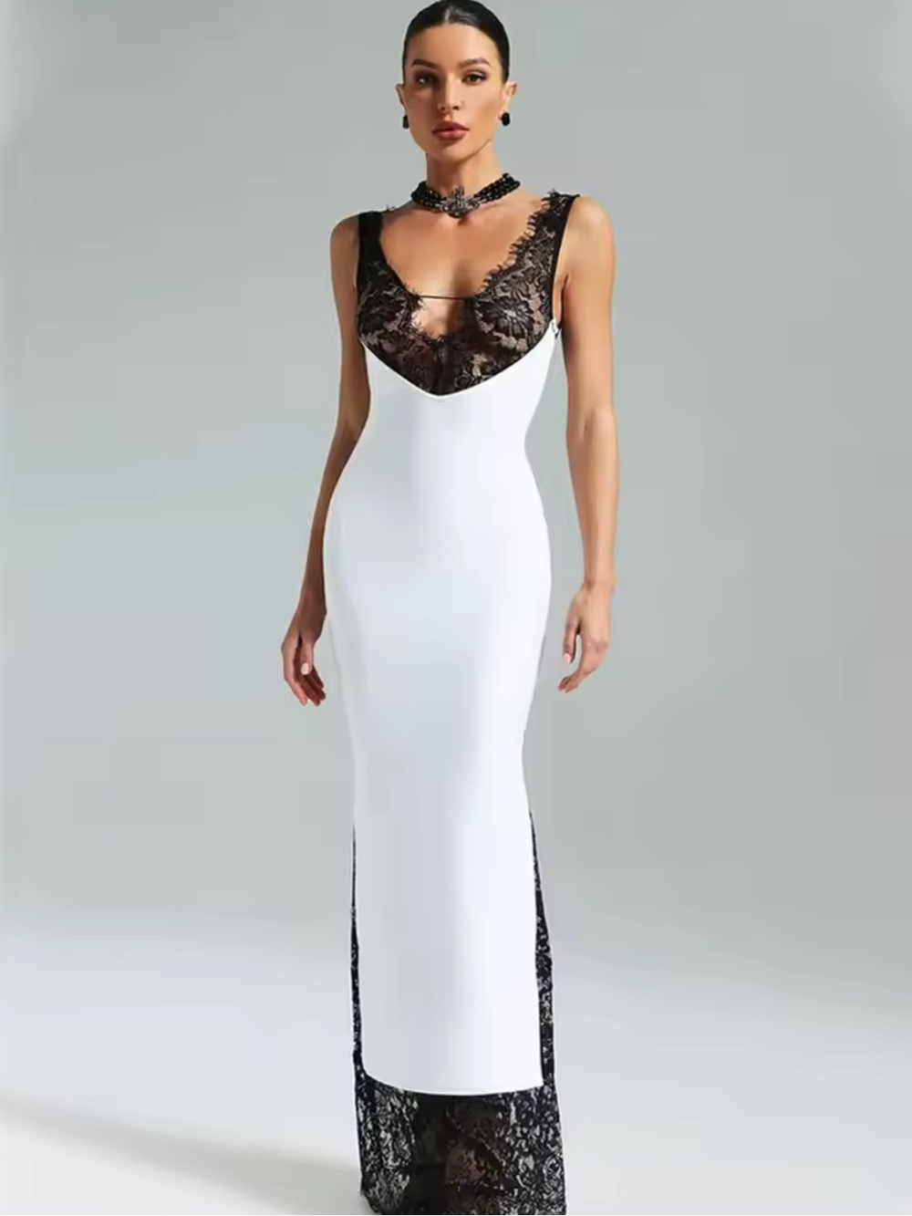 Elegant White Lace-Trim Evening Gown